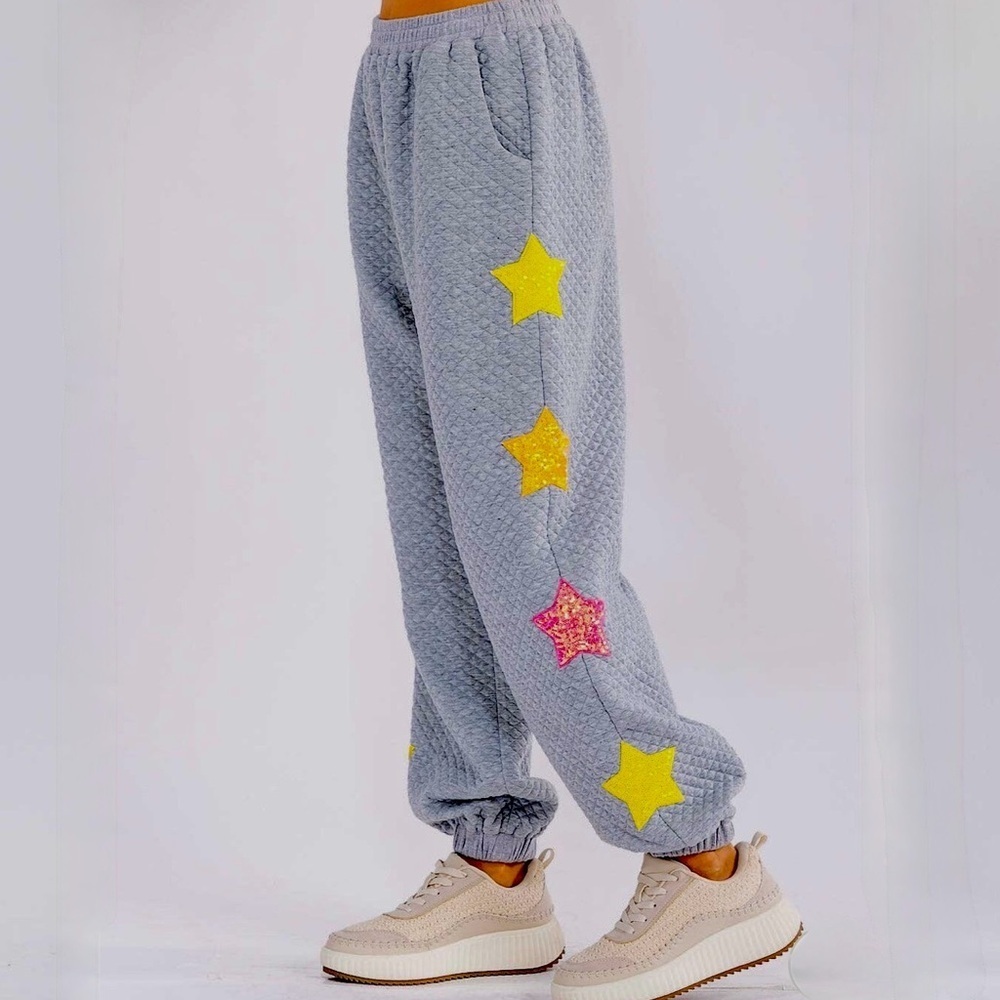 Women's Elastic Waist Front Pocket Sequins Stars Detailed Sweatpants Large